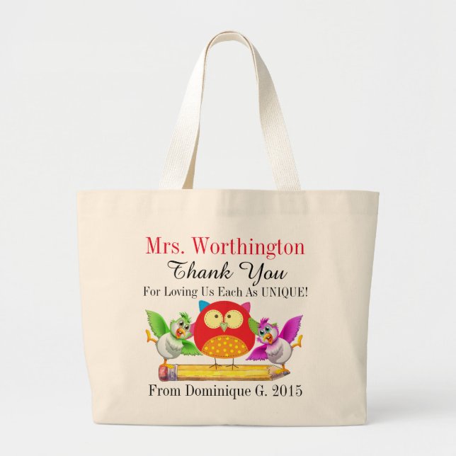 Owl and Cute Bird Teacher Thank You Tote Bag (Front)