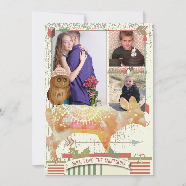 Owl and Fawn Forest Christmas with Your Photo Holiday Card (Front)