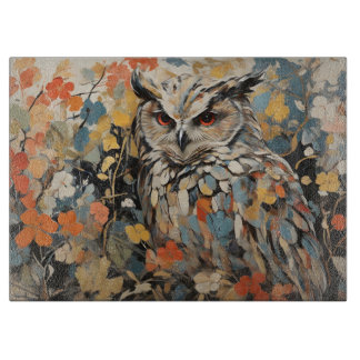 Owl and Flowers In Spring Painting Cutting Board