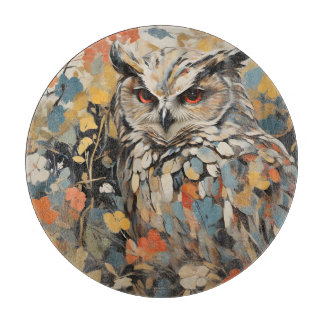 Owl and Flowers In Spring Painting Cutting Board