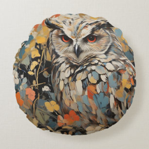 Owl and Flowers In Spring Painting Round Cushion