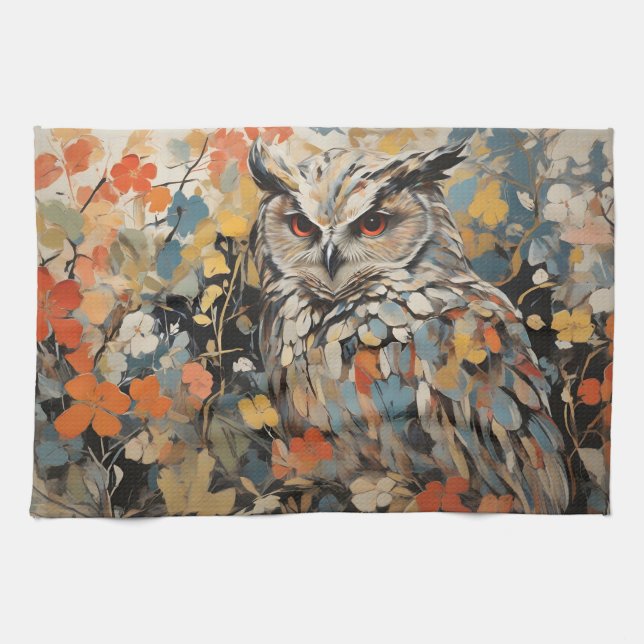 Owl and Flowers In Spring Painting Tea Towel (Horizontal)