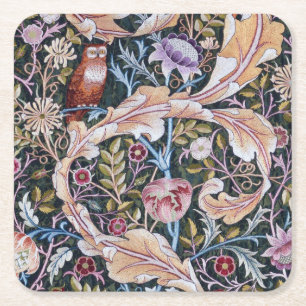 Owl and Flowers, William Morris Square Paper Coaster