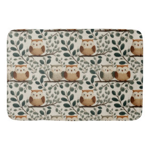 Owl and Forest Leaf Pattern Bath Mat