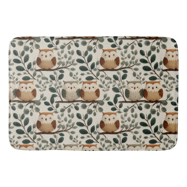 Owl and Forest Leaf Pattern Bath Mat (Front)