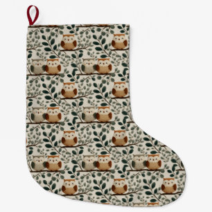 Owl and Forest Leaf Pattern Large Christmas Stocking