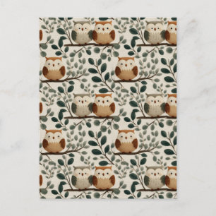 Owl and Forest Leaf Pattern Postcard