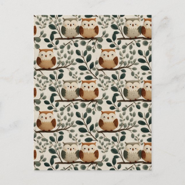 Owl and Forest Leaf Pattern Postcard (Front)