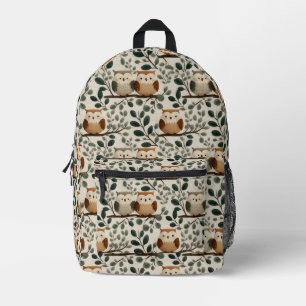 Owl and Forest Leaf Pattern Printed Backpack