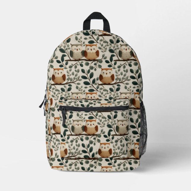 Owl and Forest Leaf Pattern Printed Backpack (Front)
