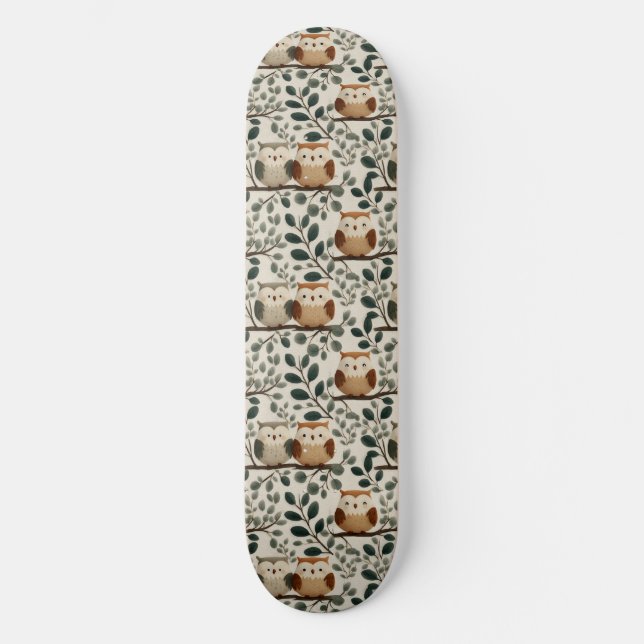 Owl and Forest Leaf Pattern Skateboard (Front)