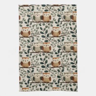 Owl and Forest Leaf Pattern Tea Towel