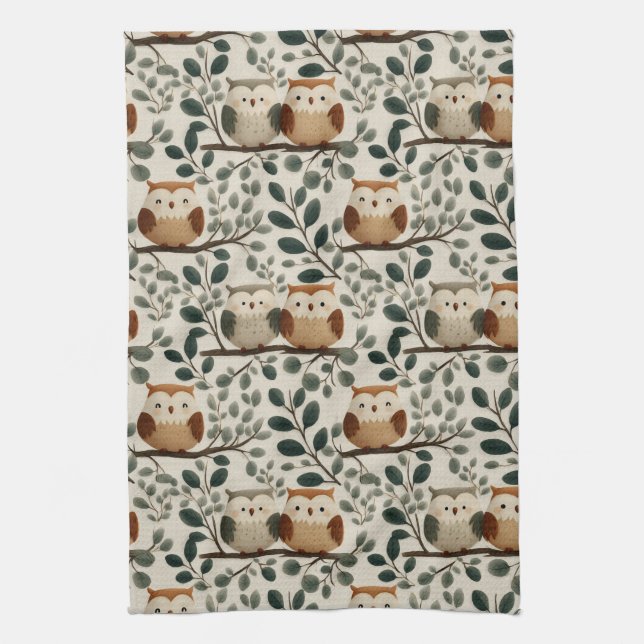 Owl and Forest Leaf Pattern Tea Towel (Vertical)