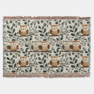 Owl and Forest Leaf Pattern Throw Blanket
