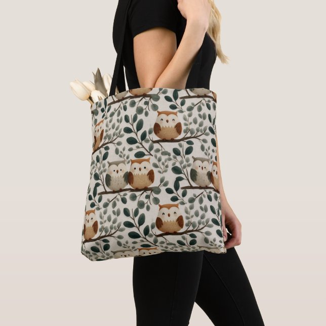 Owl and Forest Leaf Pattern Tote Bag (Close Up)