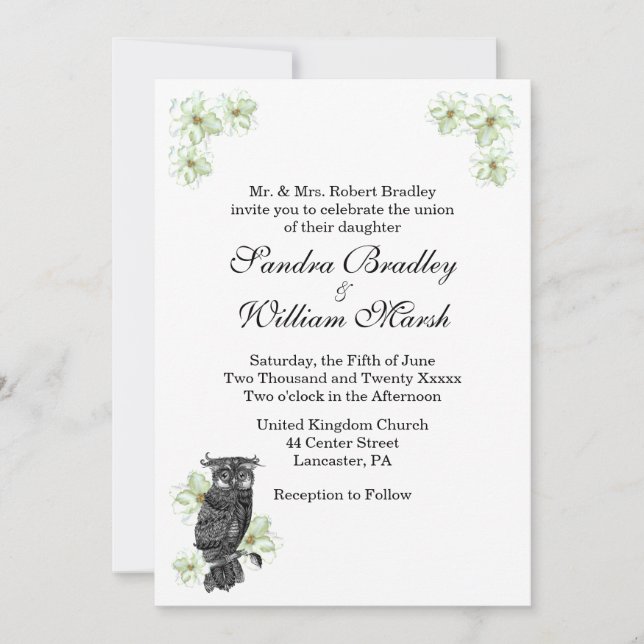 Owl and Green Flowers Wedding Invitation (Front)