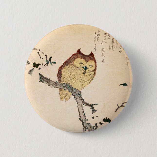 Owl and magnolia – Kobushi ni mimizuku 6 Cm Round Badge (Front)