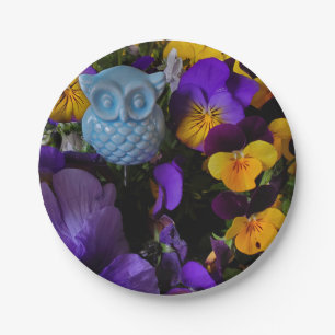 Owl and Pansies Paper Plate