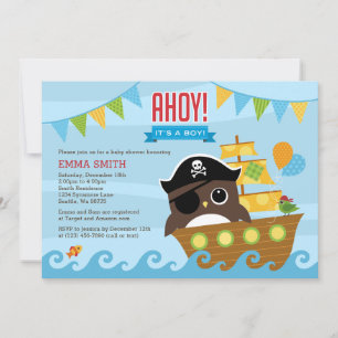 Owl and Pirate Ship Boy Baby Shower Invitation