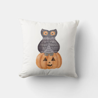 Owl and Pumpkin in watercolor Cushion