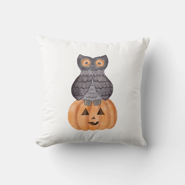 Owl and Pumpkin in watercolor Cushion (Front)