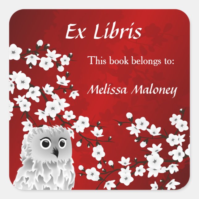 Owl And Red Cherry Blossom Ex Libris Add Name Square Sticker (Front)