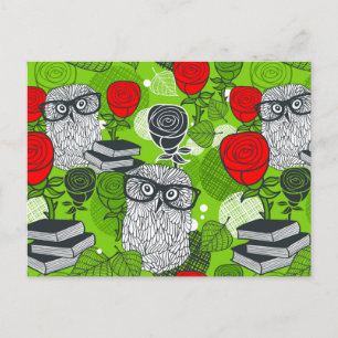 Owl and red roses postcard