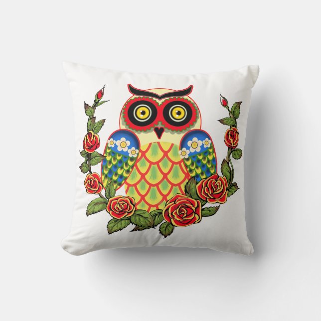 Owl and Roses Mexican style Cushion (Front)