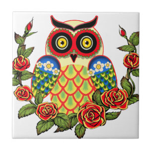 Owl and Roses Mexican style Tile