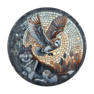 Owl and Wolf Mosaic Ai Art  Cutting Board