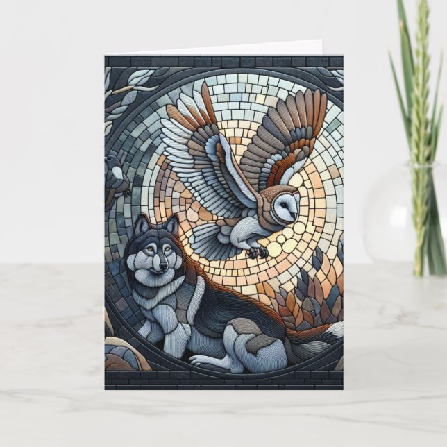 Owl and Wolf Mosaic Ai Art | Happy Birthday Card (Front)