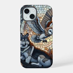 Owl and Wolf Mosaic Ai Art iPhone 15 Case