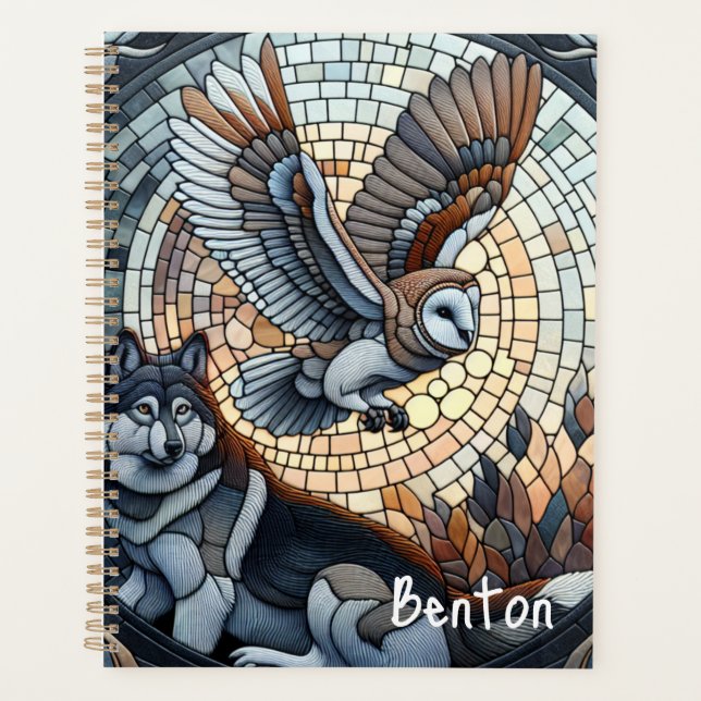 Owl and Wolf Mosaic Ai Art Personalised Planner (Front)