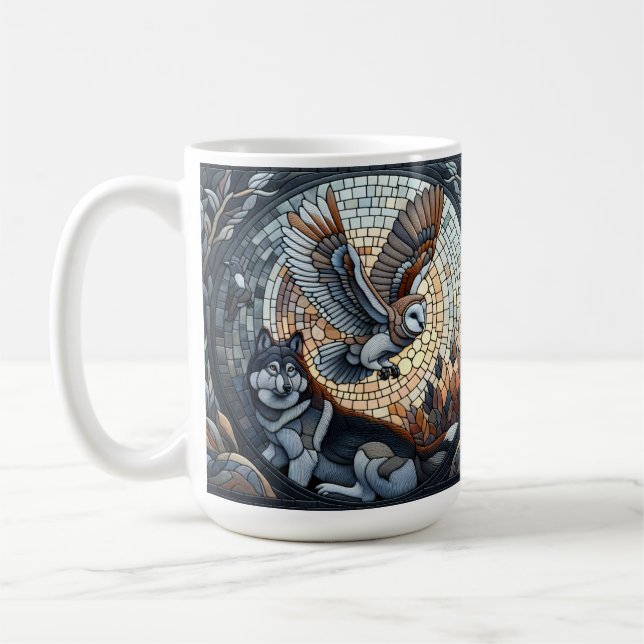 Owl and Wolf Mosaic Nature Ai Art  Coffee Mug (Left)
