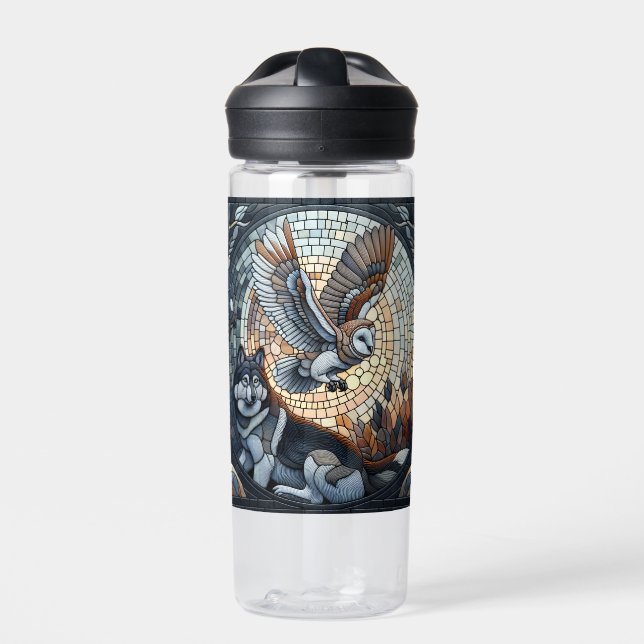 Owl and Wolf Mosaic Nature Ai Art Personalised Water Bottle (Front)