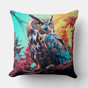 Owl Animal Bird Wildlife Wilderness Colourful Art Cushion