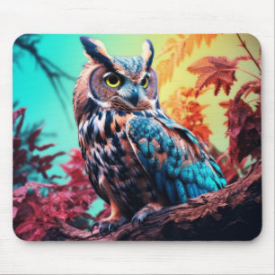 Owl Animal Bird Wildlife Wilderness Colourful Art Mouse Mat