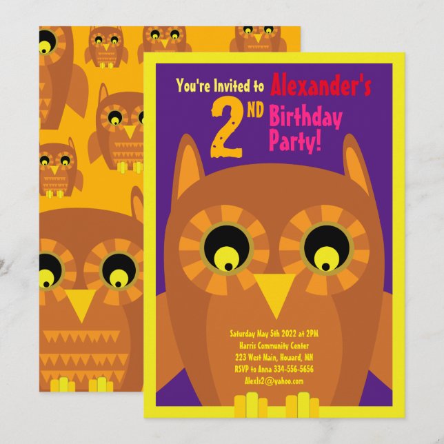 Owl Animal Kid's Birthday Party Invitations (Front/Back)