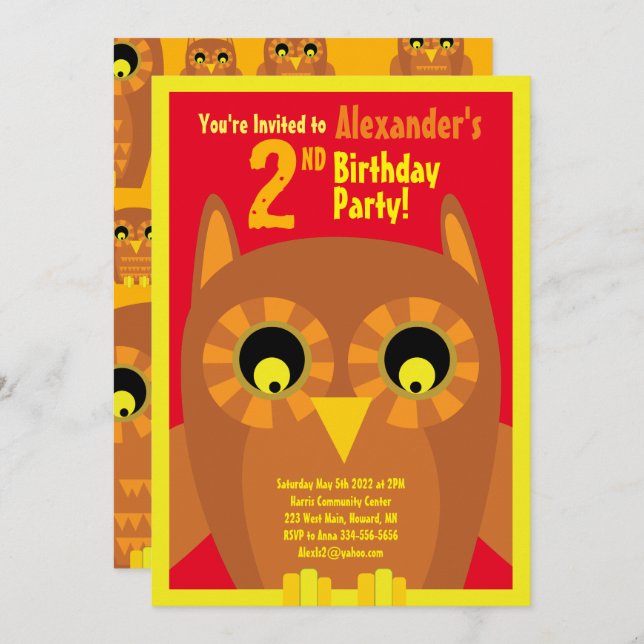 Owl Animal Kid's Birthday Party Invitations (Front/Back)