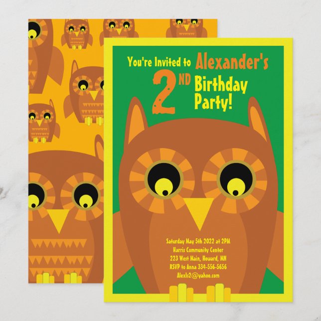 Owl Animal Kid's Birthday Party Invitations (Front/Back)