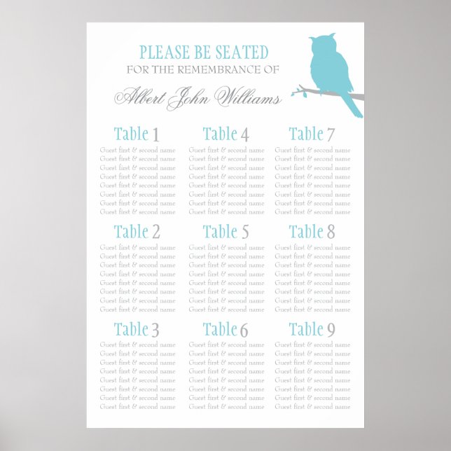 Owl aqua blue grey event seating table plan 1-9 poster (Front)