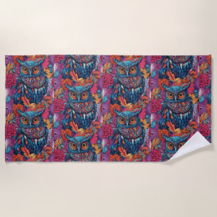 Owl Art Drawing Blue owl and pink flowers. Beach Towel