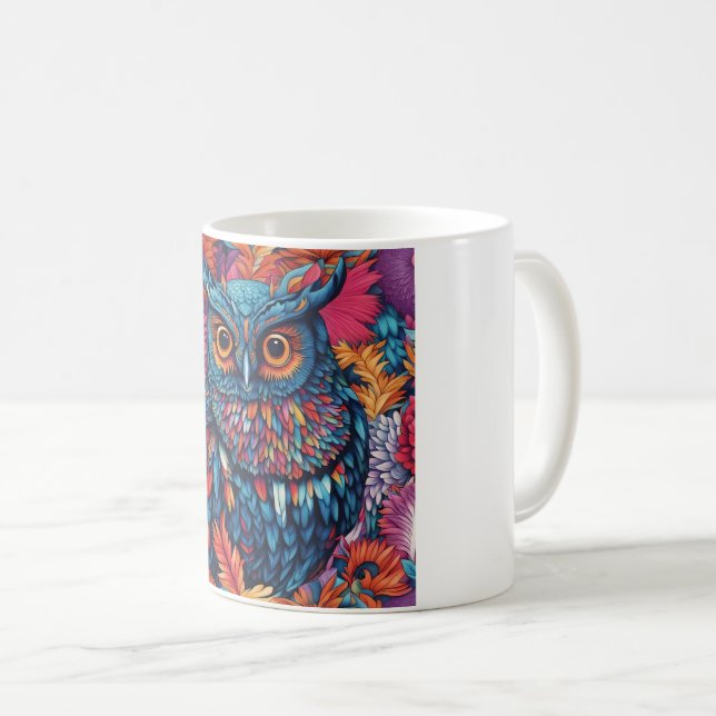 Owl Art Drawing  Blue owl and pink flowers Coffee Mug (Front Right)