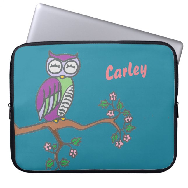Owl Art Night Blue Personalised Laptop Sleeve (Front)