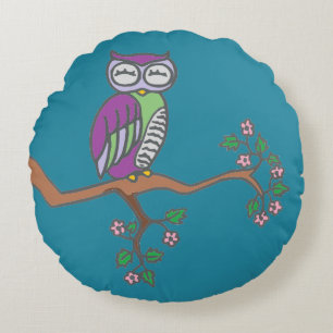 Owl Art Night Blue Round Cushion