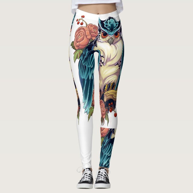 Owl Art Tattoo Design Ladies Leggings (Front)