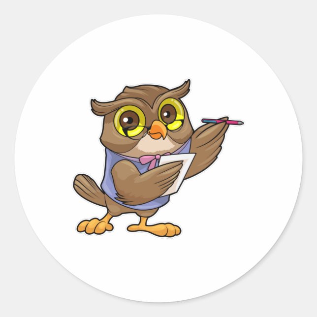 Owl as Secretary with Pen & Note Classic Round Sticker (Front)
