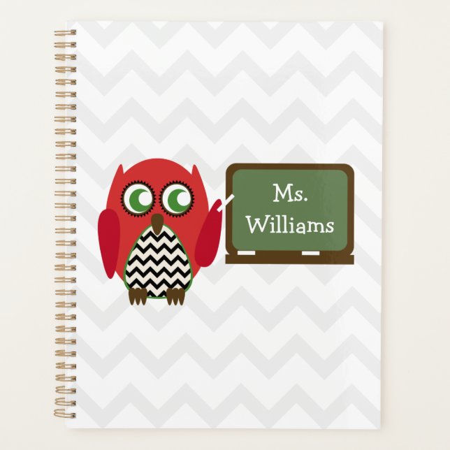 Owl At Chalkboard Chevron Personalised Teacher Planner (Front)
