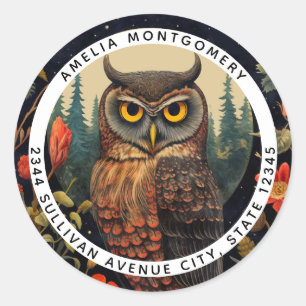 Owl at Night with a Full Moon - Address Classic Round Sticker