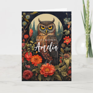 Owl at Night with a Full Moon Birthday Card